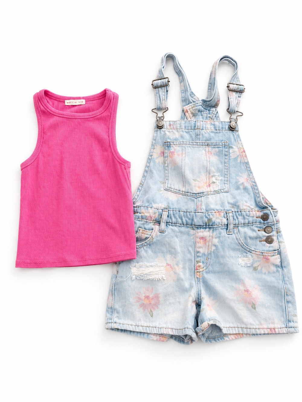 Copper Key Hot Pink Tank with Light Blue Floral Denim Short Overalls